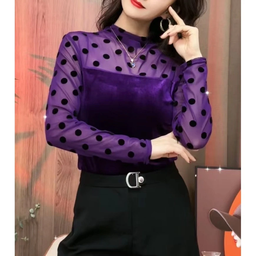 清货 004法式植绒波点拼接立领秋冬长袖时尚打底衫