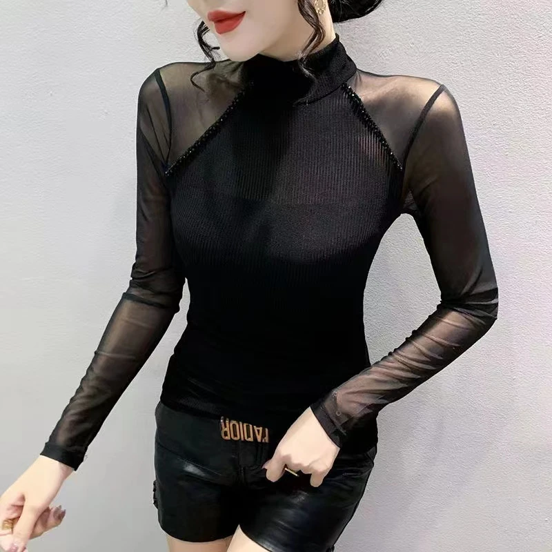 094【常规】新款钉珠网纱拼接长袖打底衫秋冬内搭网红半高领女上衣