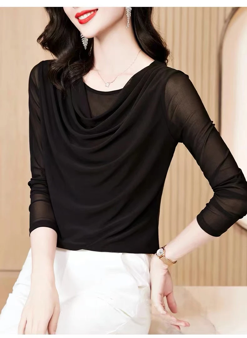 065 秋冬新款双层网纱堆堆领时尚爆款气质百搭长袖显瘦洋气打底衫