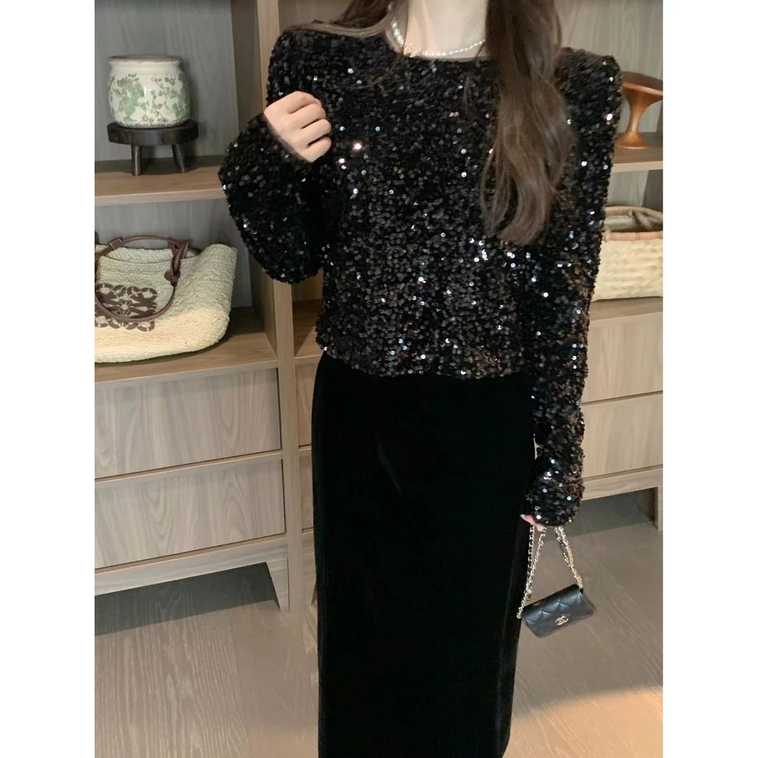 韩国ulzzang秋冬新款法式气质时尚圆领亮片上衣+丝绒半身裙套装女