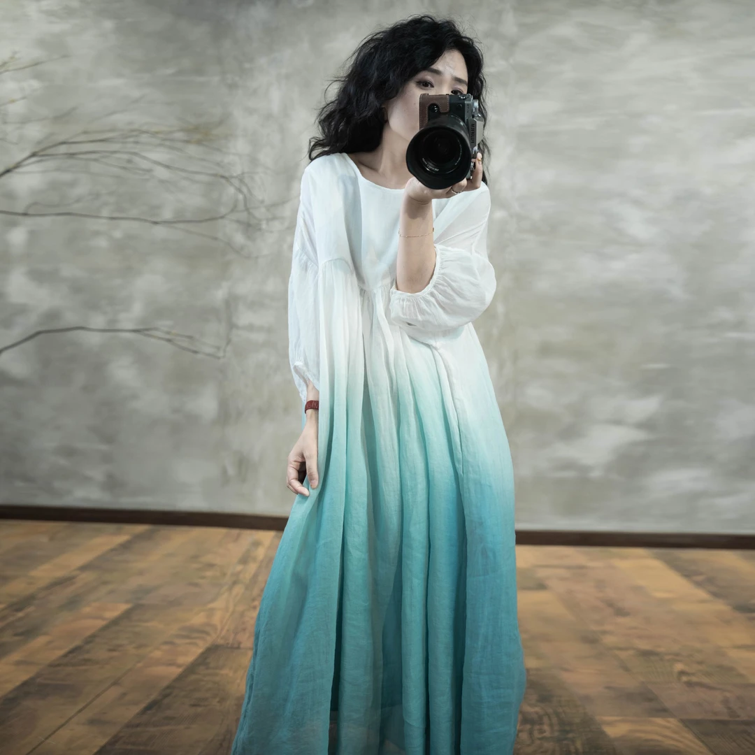 忆绵出品23460小众设计绝美渐变出游双层苎麻连衣裙