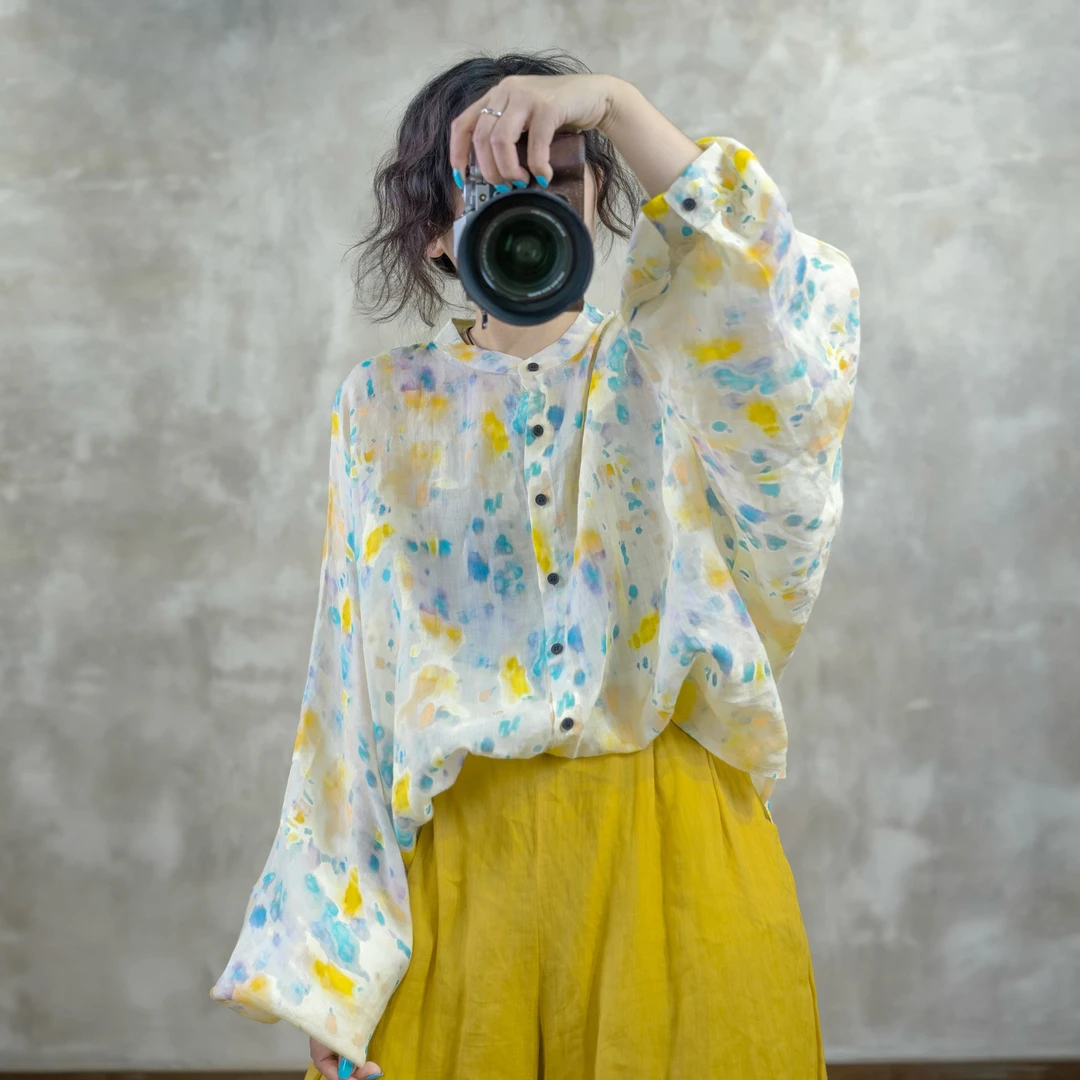 忆绵出品秋季上新9989时尚田园清新风浪漫印花减龄苎麻衬衫