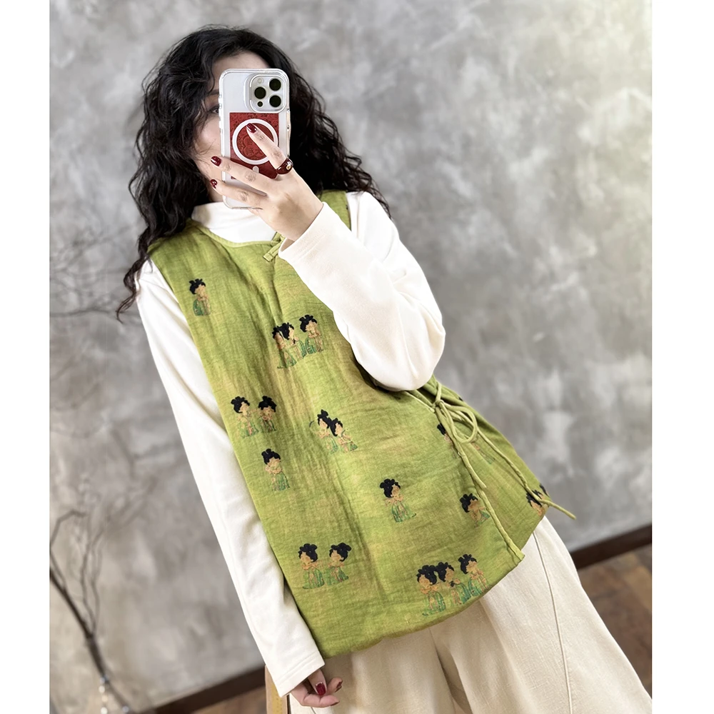忆绵出品2624493“只此青绿”国风感仕女图盘扣高雅夹棉马甲