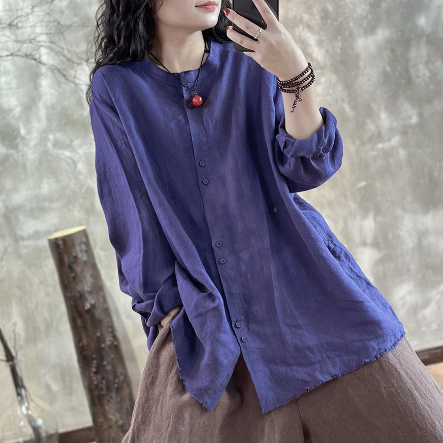 忆绵出品2028原创设计款撕边亚麻慵懒风百搭衬衫