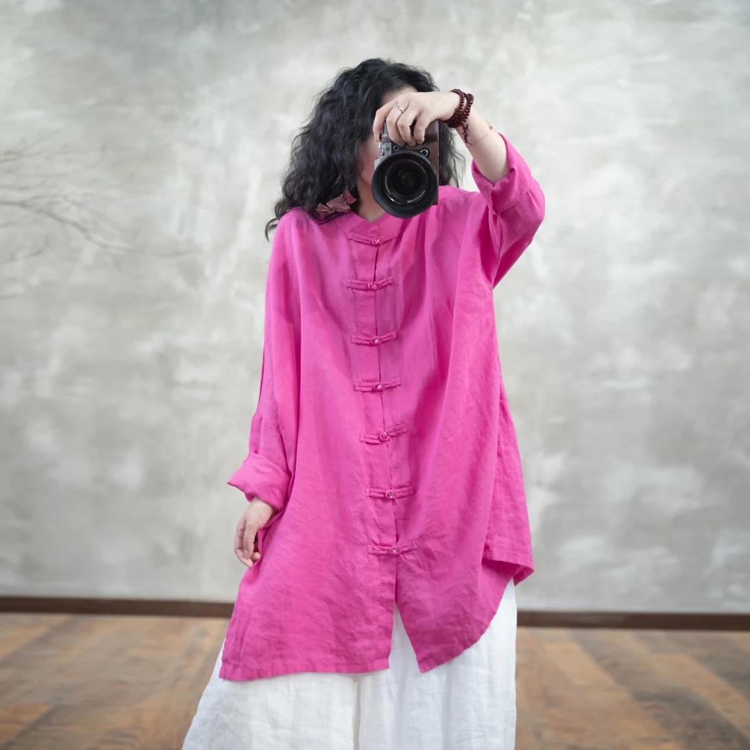 忆绵出品2003新中式亚麻立领珠扣精致气质开衫
