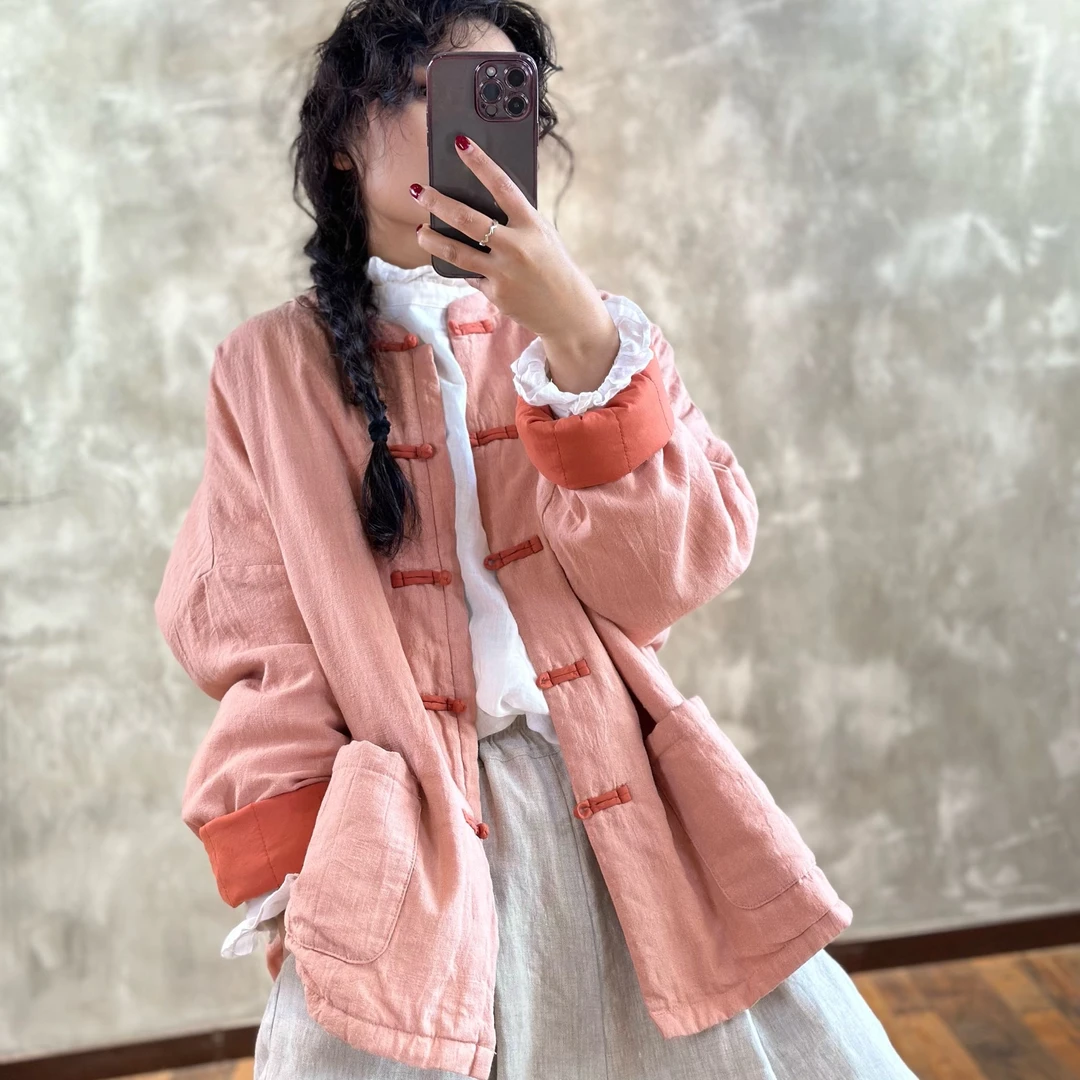 忆绵出品2624424简约撞色盘扣百搭宽松粉黛佳人设计款外套