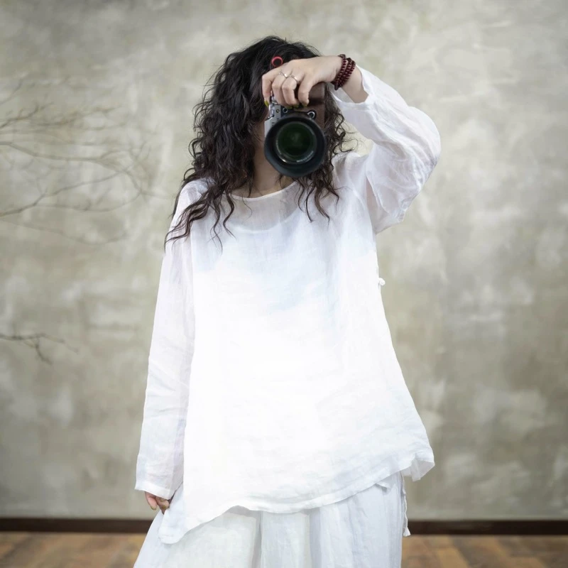 忆绵出品2008文艺减龄盘扣纯色开叉百搭衬衫