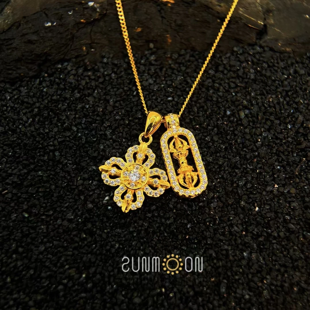 坠链均925银合成锆石 SUNMOON金刚杵项链 金色古法中式轻奢项链