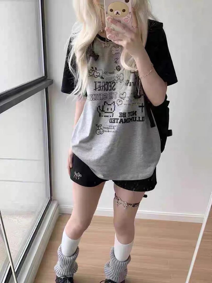 学院风涂鸦猫咪印花灰黑插肩袖T恤上衣女夏季日系宽松亚文化短袖