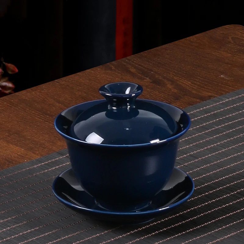 霁蓝盖碗茶杯三才碗功夫茶具茶碗泡茶器陶瓷敬茶碗高档办公家用