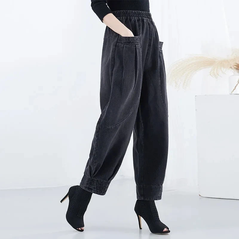 2024春秋新女牛仔灯笼裤哈伦裤松紧高腰胖妈妈宽松大码休闲裤时尚