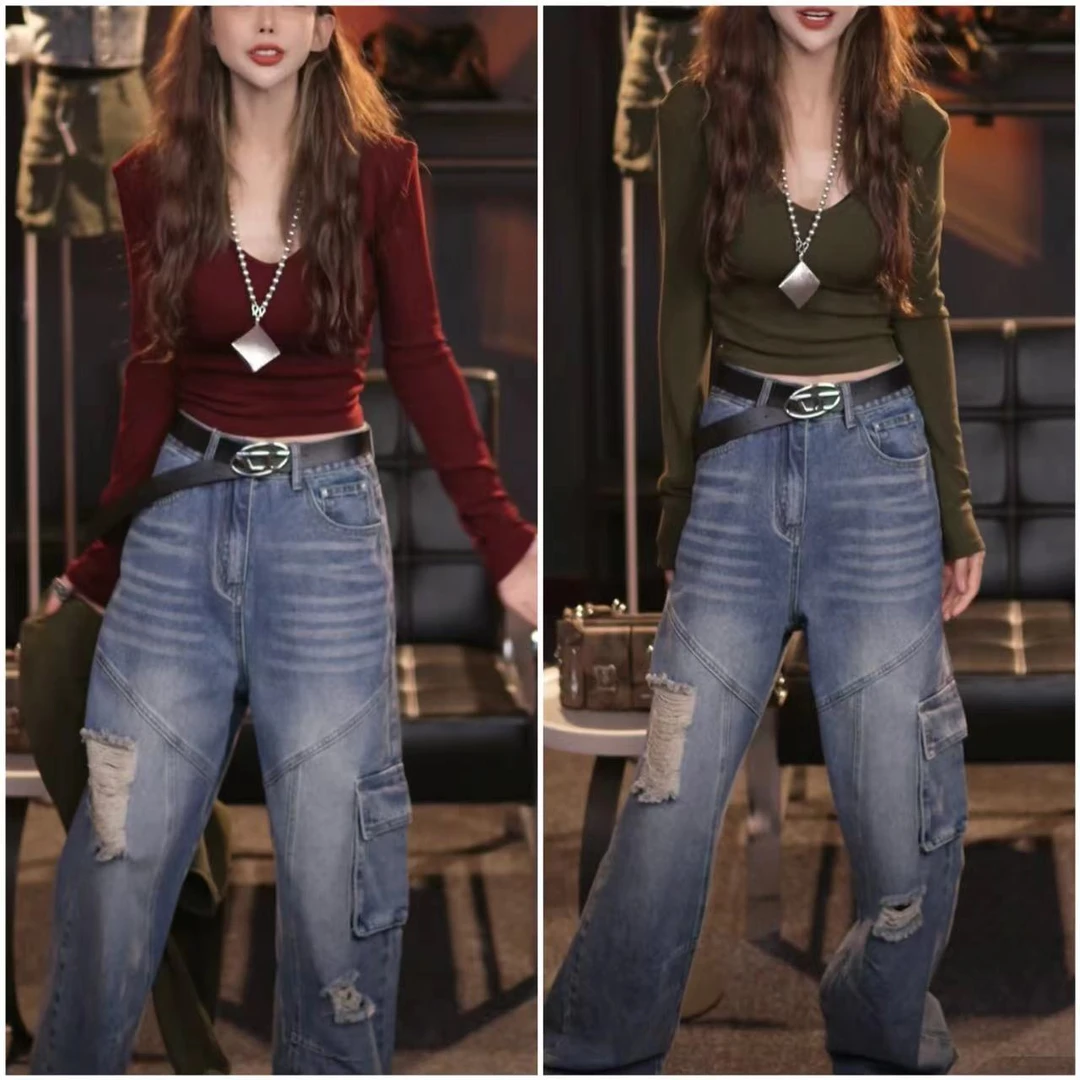 2024早秋新款辣妹v领垫肩长袖t恤女前后两穿修身显瘦内搭打底衫潮