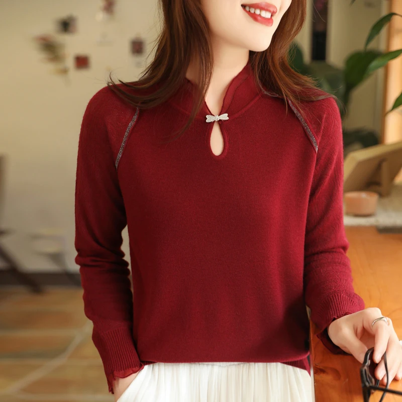 精致蝴蝶结立领长袖打底衫女精纺针织春秋内搭针织衫毛衣国风上衣