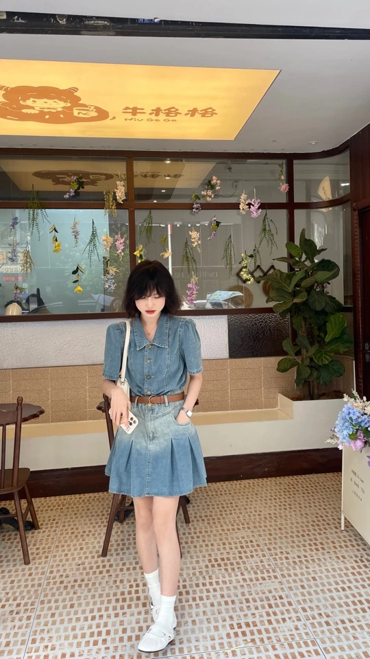 Sanyue【花开半夏】韩系渐变高腰气质软牛仔连衣裙(配腰带）