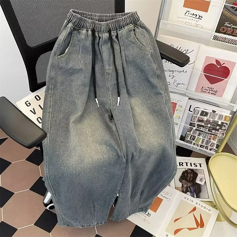 抽绳松紧腰日系男宽松直筒宽松阔腿裤子cityboy灯笼裤工装牛仔裤