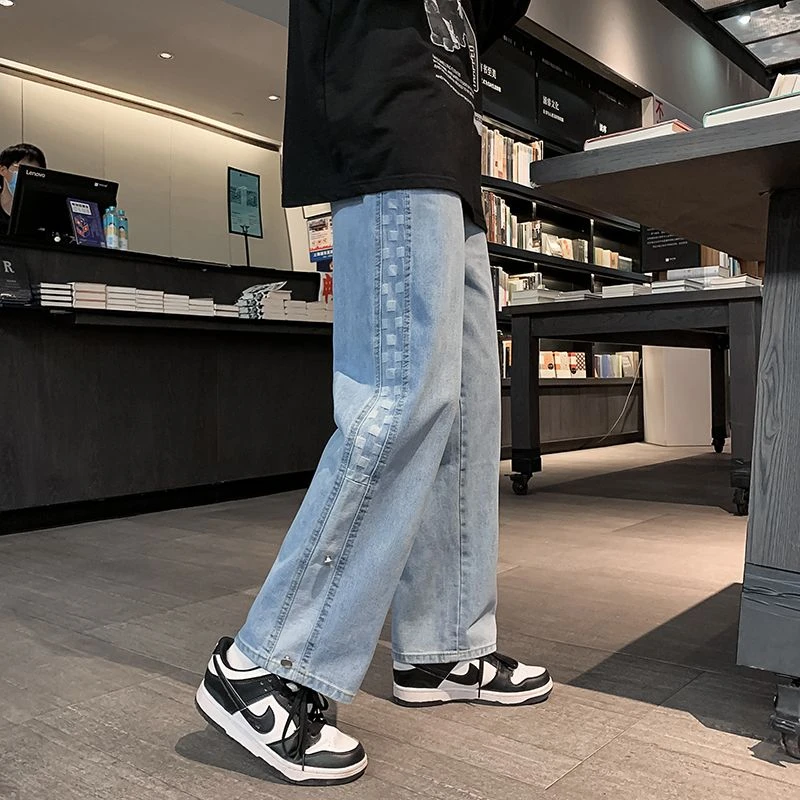 蓝色拼接牛仔裤男款美式高街vibe裤子夏季时尚潮牌直筒修身微喇裤