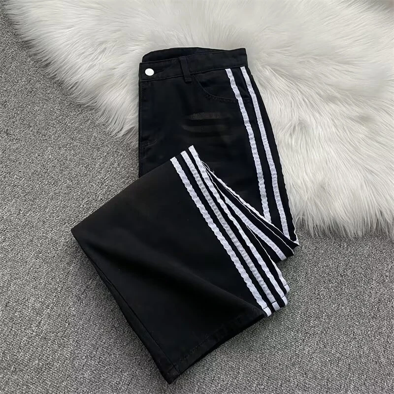 潮牌美式高街复古水洗条纹直筒牛仔裤男宽松百搭休闲长裤纽扣门襟