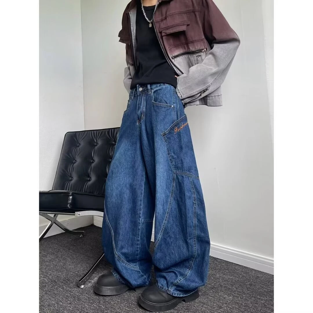 复古设计感美式大口袋弯刀牛仔裤男女chic宽松阔腿刺绣拖地裤潮牌