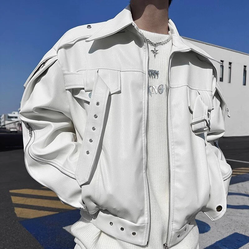 高级感先锋时尚美式重工小众解构皮衣夹克外套高街机车服男士上衣