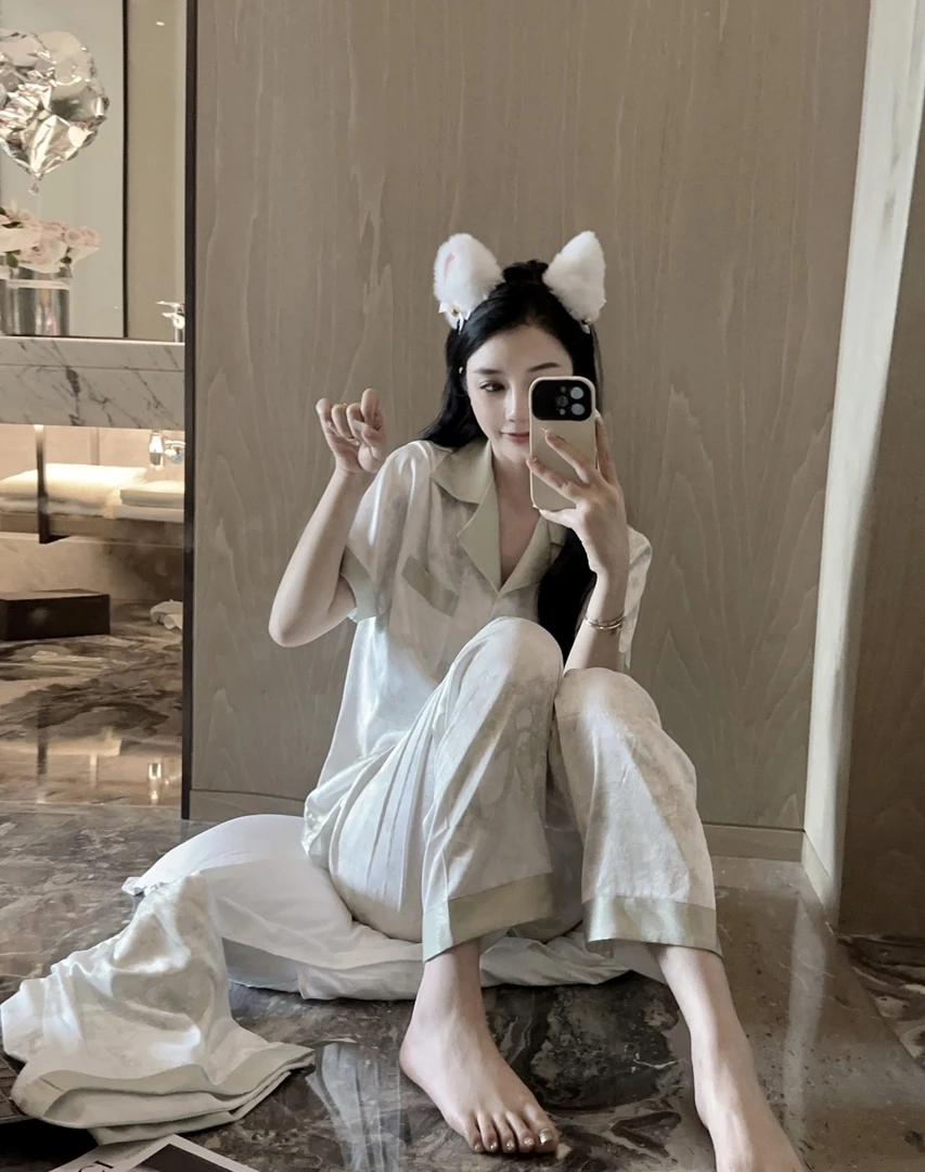 奶乎乎绿色睡衣女夏天三件套短袖短裤高级感夏季冰丝薄款家居服