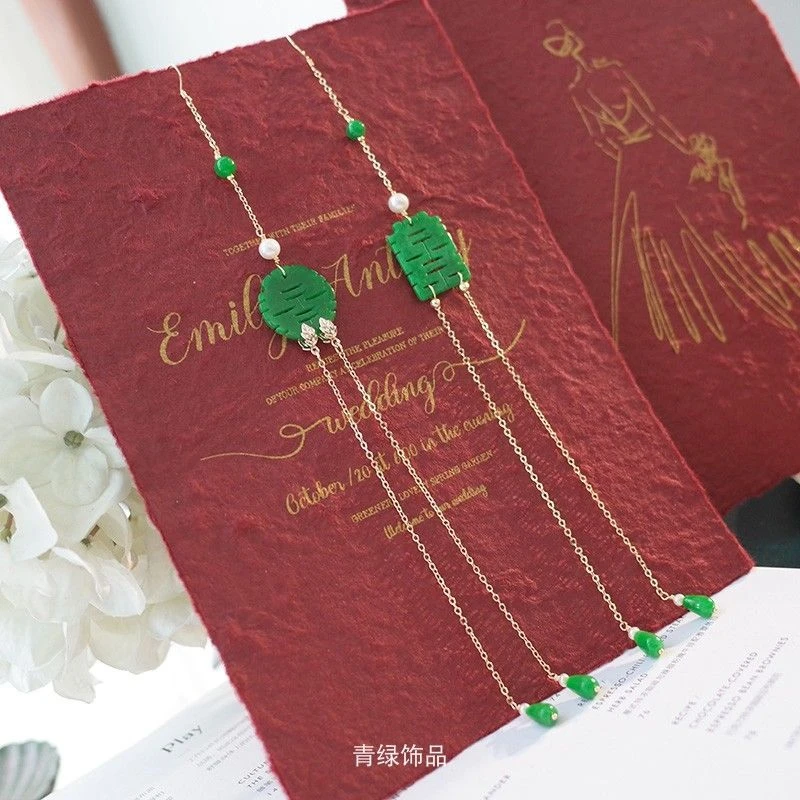 铜合金亚克力耳饰 加长款双喜耳环双囍国风喜字超长流苏耳线金色