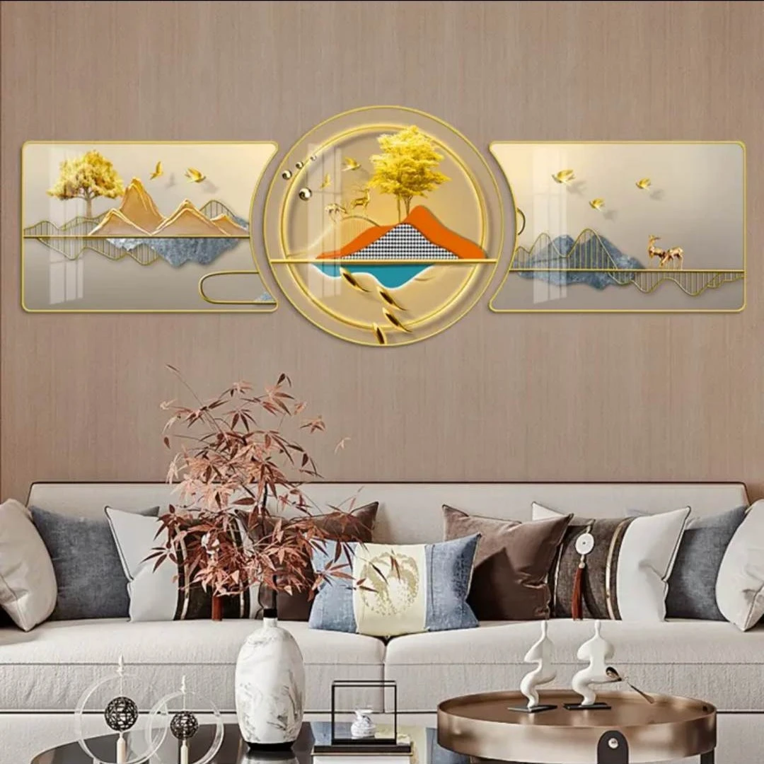 美临佳【金玉满堂】客厅三联画沙发背景墙装饰画轻奢抽象简约-Y15