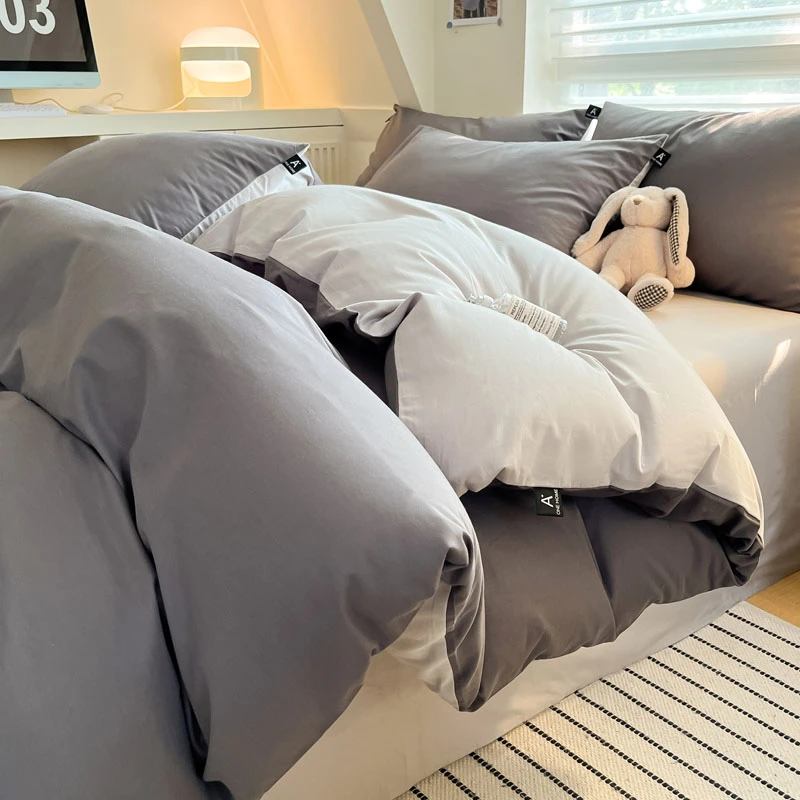 ins风全棉四件套100%纯棉 简约单人双人纯色床笠款被套床单棉被罩