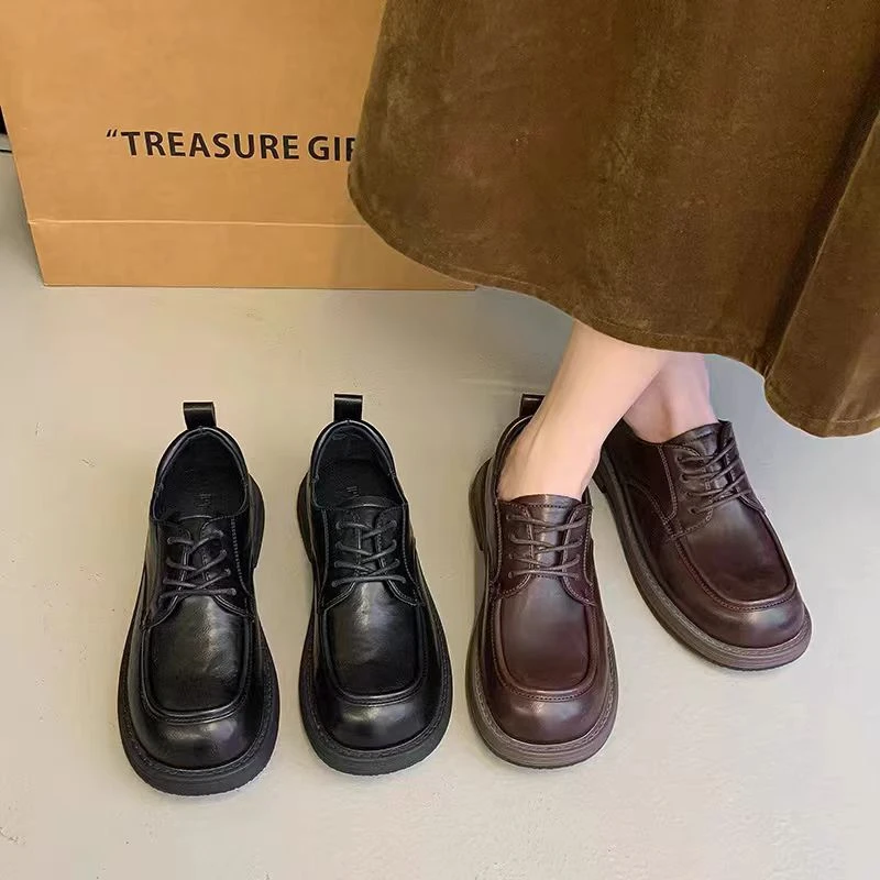 Z868-1-小皮鞋女2024秋冬新款棕色单鞋英伦乐福鞋女鞋