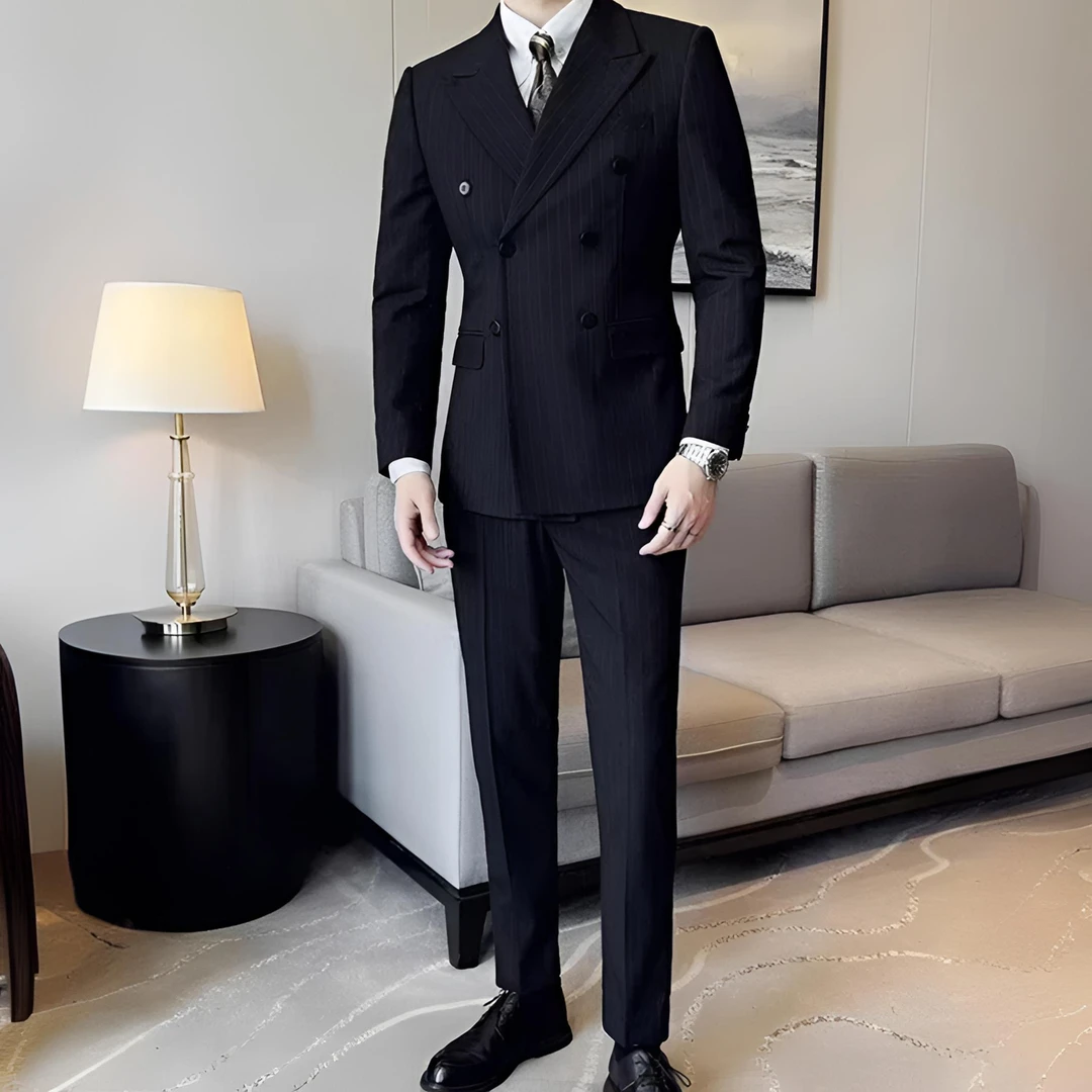 【萨维尔】戗驳领双排扣条纹二件套男士商务西装秋冬新款结婚权威