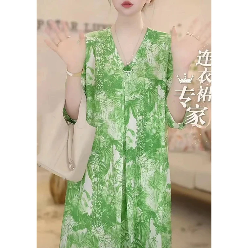 7201#高级感遮肉显瘦长款过膝裙子女夏季七分袖V领碎花宽松连衣裙