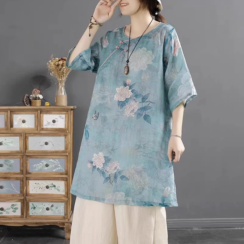 1229#复古国风刺绣印花衬衫女夏季新款改良中式盘扣上衣