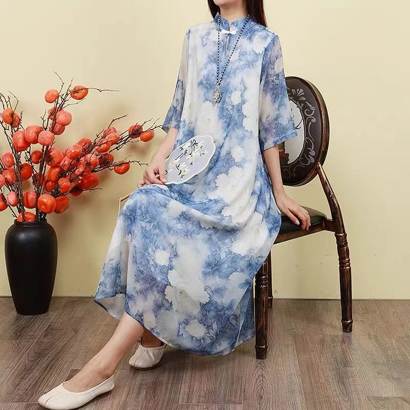 【柔蓝一水萦花草】7249#民族风夏季改良旗袍中式显瘦中国风旗袍