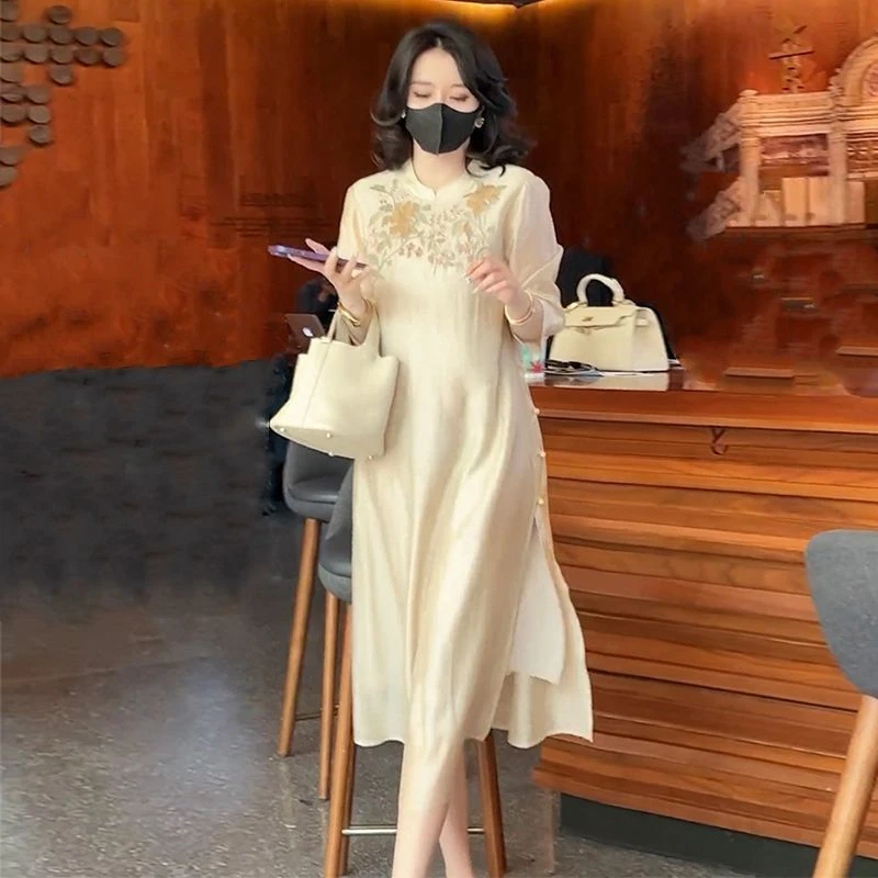 【芙蓉不及美人妆】6860#文艺双层绣花仙气长款立领中式改良旗袍