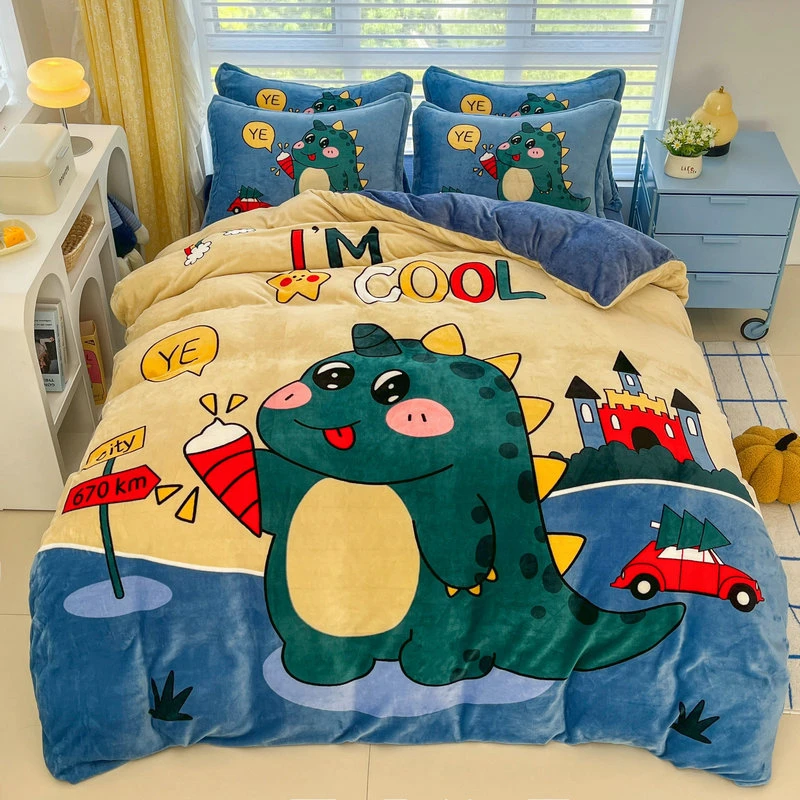 儿童卡通加厚牛奶绒床品套件学生男孩小恐龙宝宝绒珊瑚绒床单被套