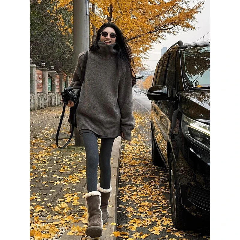 慵懒高级感灰色高领套头毛衣女秋冬季宽松中长款外穿加厚针织上衣