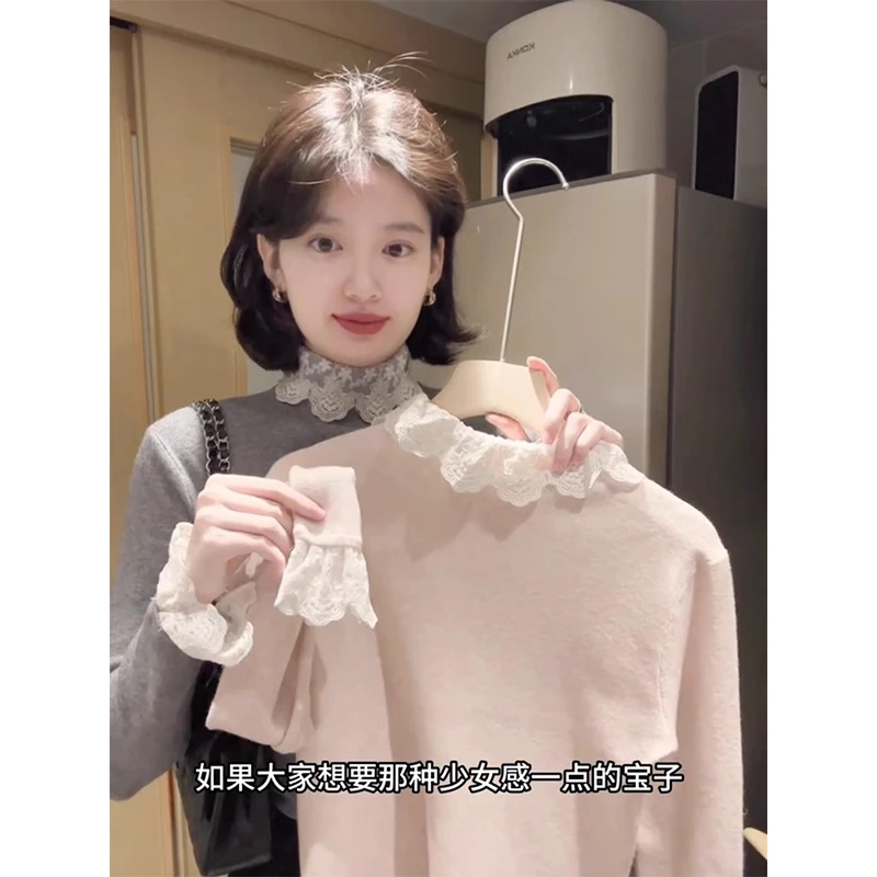法式粉色蕾丝娃娃领针织打底衫女秋冬短款修身毛衣小香风长袖上衣