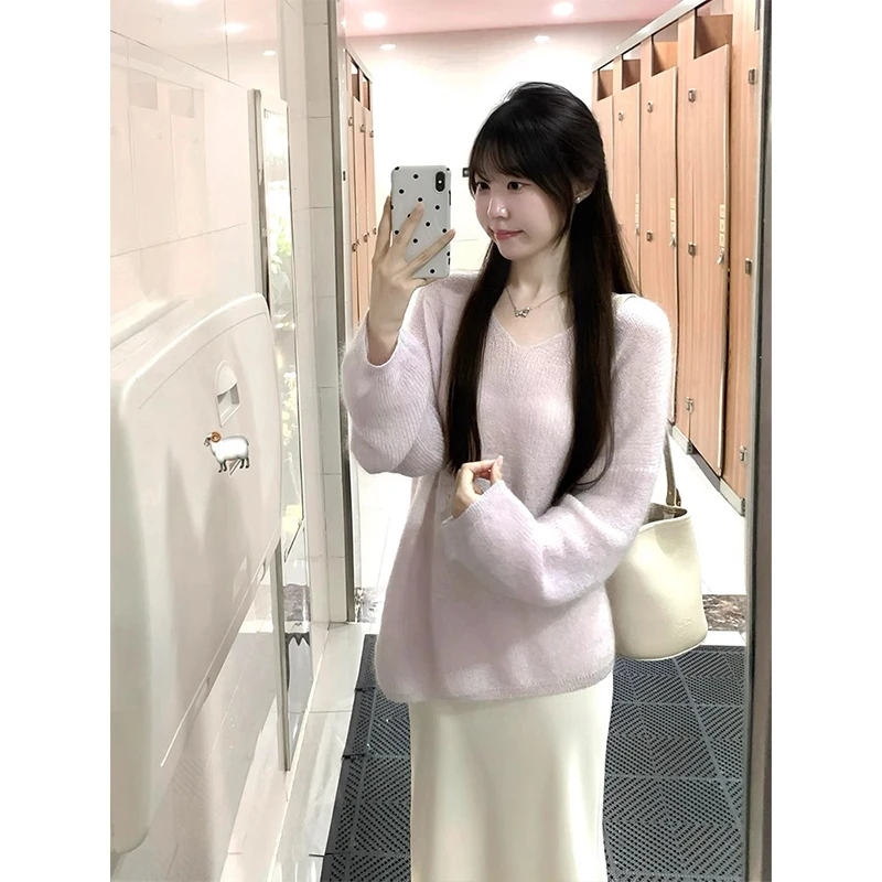 小个子奶呼呼粉色宽松慵懒软糯套头毛衣女秋冬穿搭复古针织衫上衣