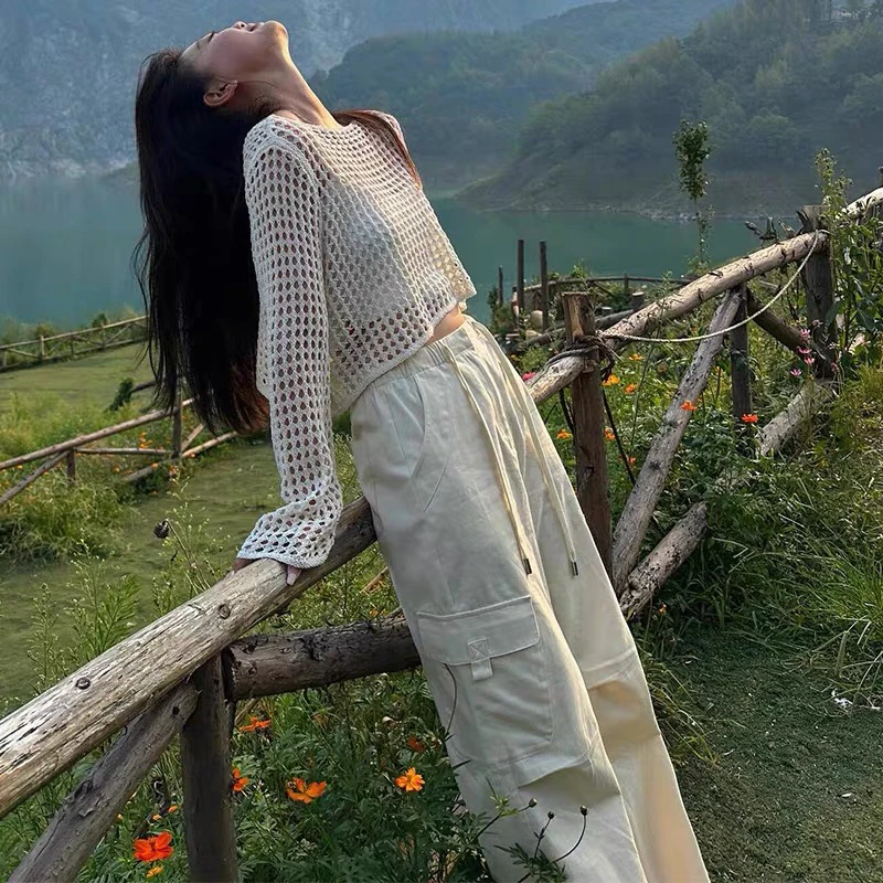 熙熙家 百搭长袖针织罩衫女显瘦秋季宽松镂空毛衣