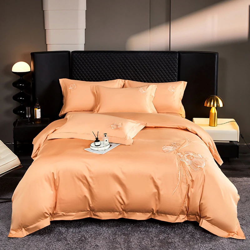 100S长绒棉刺绣四件套轻奢高档简约纯色绣花丝滑丝滑被套床单套件
