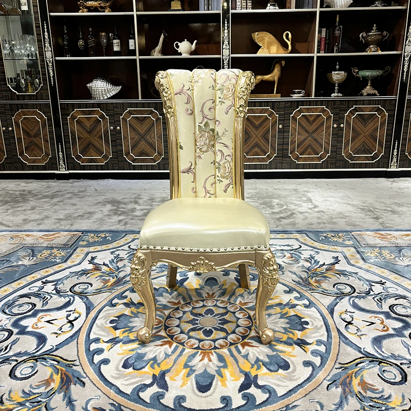 法式餐椅 欧式刺绣花布餐椅 宫廷奢华餐厅香槟色实木雕花餐椅