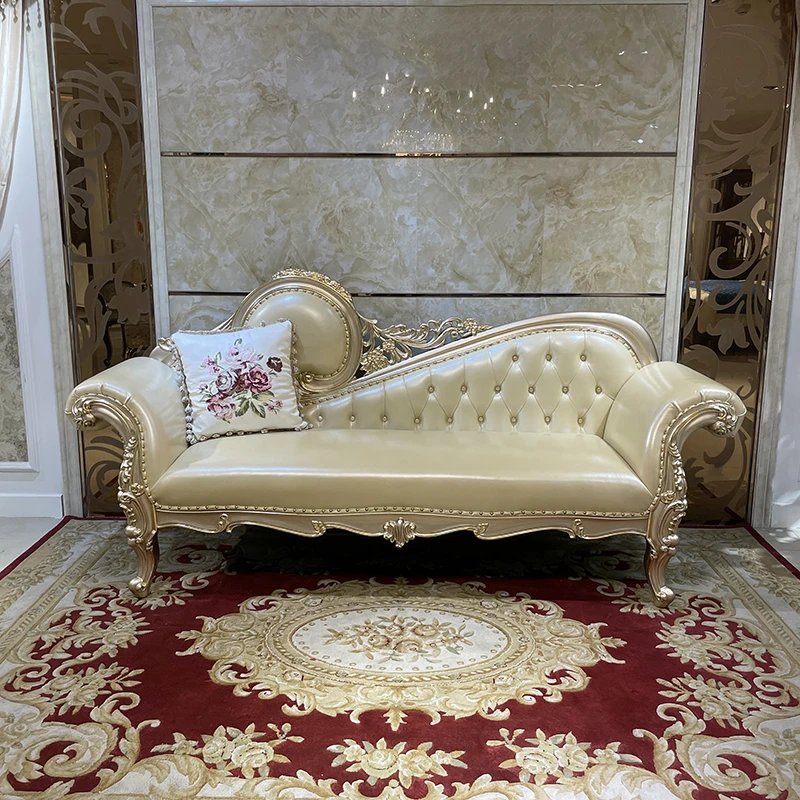 法式真皮贵妃椅 欧式奢贵妃椅 客厅卧室香槟色实木雕花贵妃椅