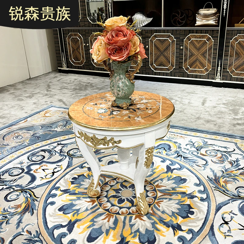 法式实木小茶几 欧式奢华小圆几 别墅客厅复古木皮贝壳小圆几