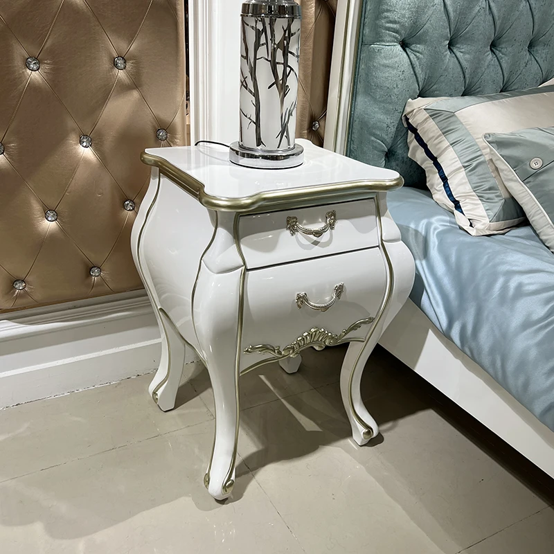 锐森贵族 欧式床头柜双抽屉 简约新古典卧室收纳柜角几实木脚雕花