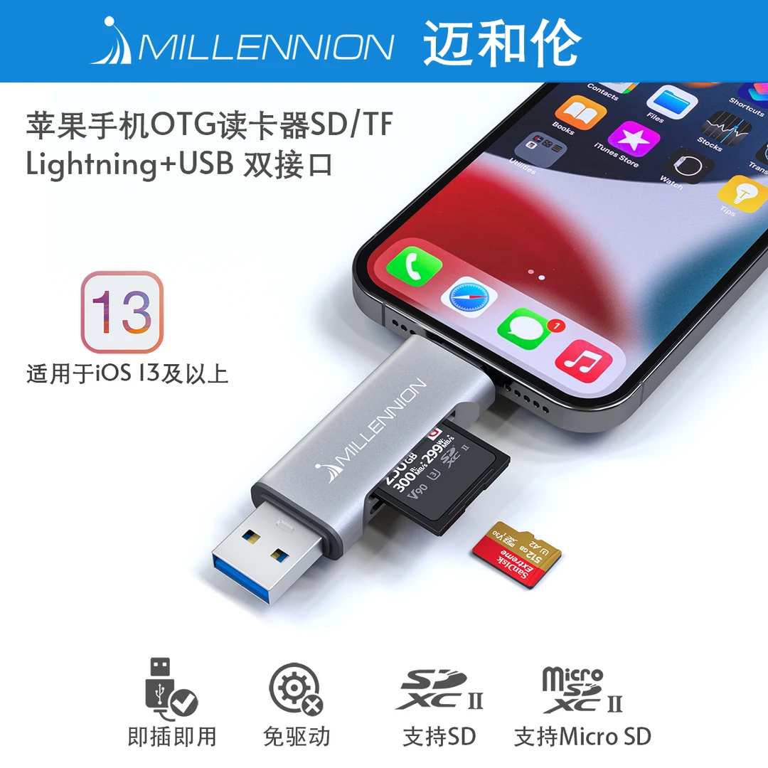 迈和伦苹果手机OTG读卡器SD/TF/Micro SD多功能USB+Lightning双口