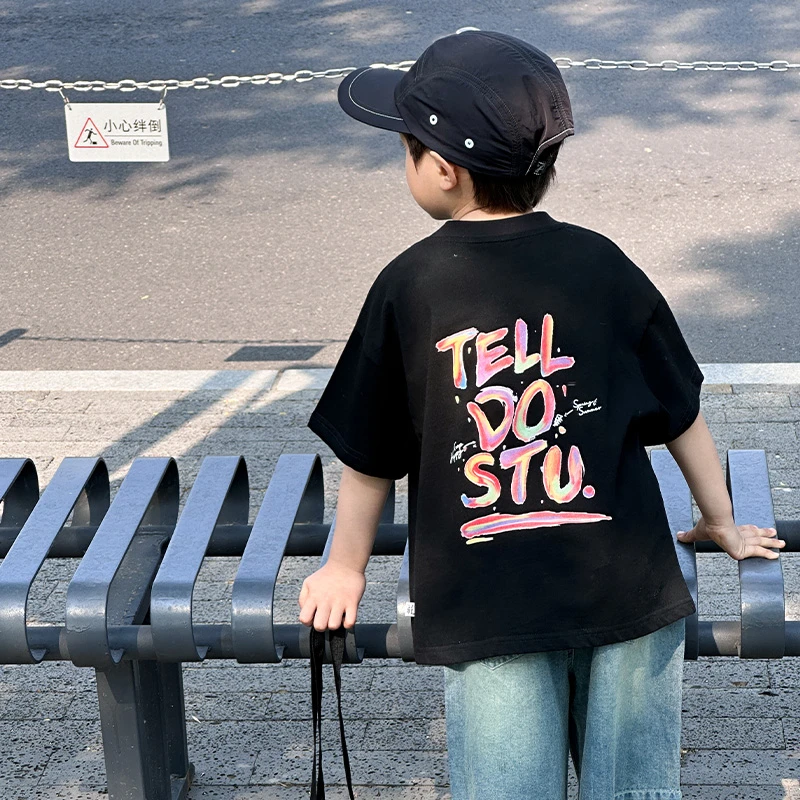 方糖家男童夏季短袖T恤儿童夏日字母卡通t恤宝宝百搭休闲潮流