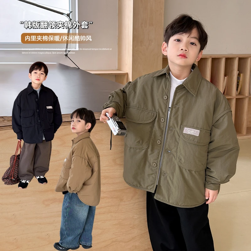 儿童外套夹棉加厚男童棉服秋冬装2025秋冬季新款小男孩翻领二棉潮
