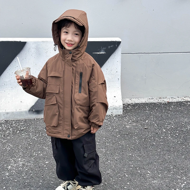 儿童冬装外套男童冲锋衣多口袋夹棉加绒加厚棉服2024冬季新款棉衣
