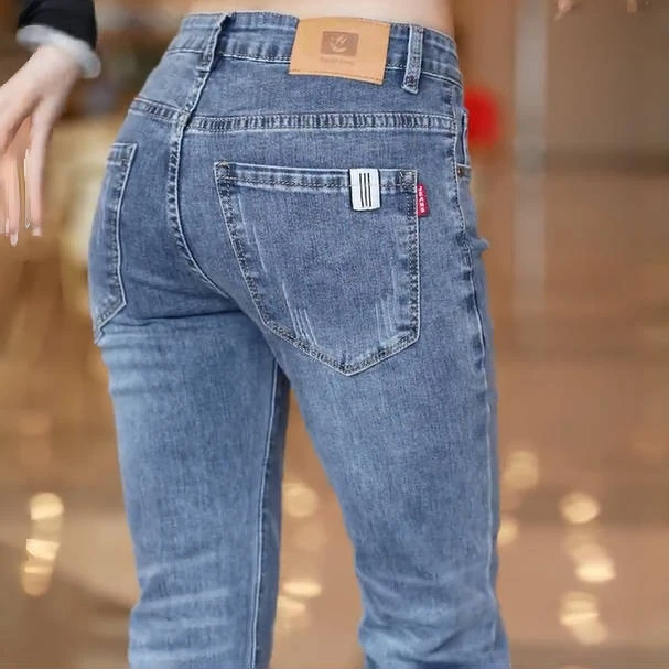 牛仔裤男士秋冬季韩版修身中腰弹力小脚直筒厚款休闲运动长裤子
