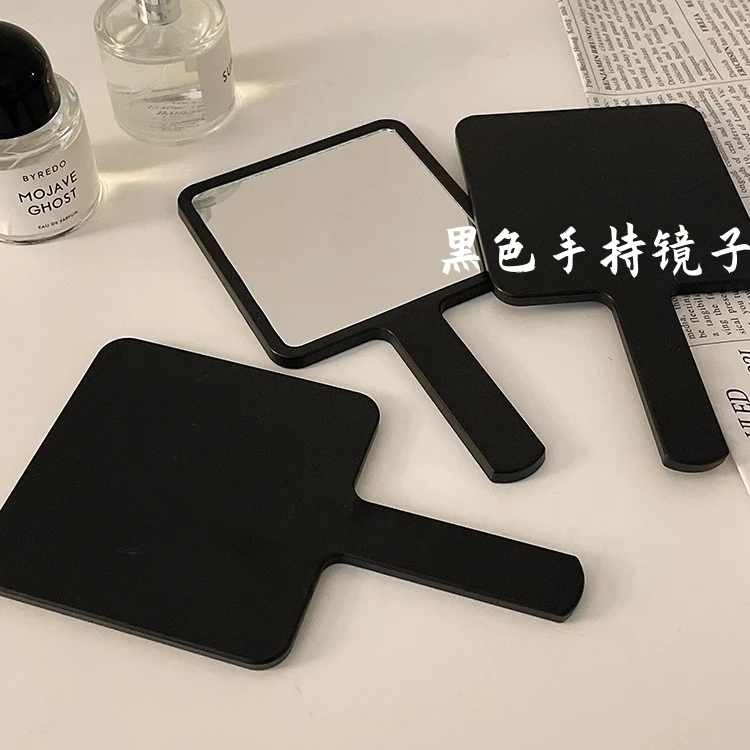 ins简约黑色手持镜子便携化妆补妆镜手拿小镜子女手柄镜随折叠镜
