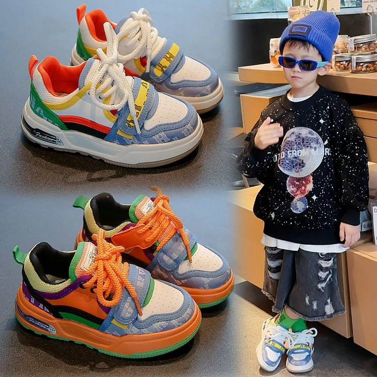 儿童运动板鞋2025春季新款时尚拼接色男女童厚底休闲鞋